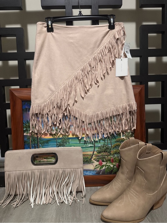 1State Dresses & Skirts - Asymmetrical Fringe Suede Skirt in Beige - Women's